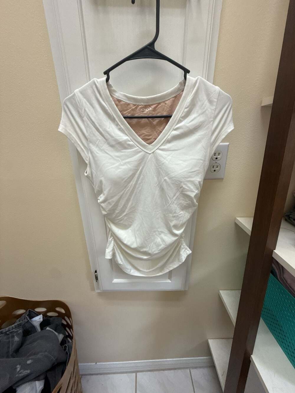 OGL White V-Neck Ruched Short Sleeve Built-In Bra Top